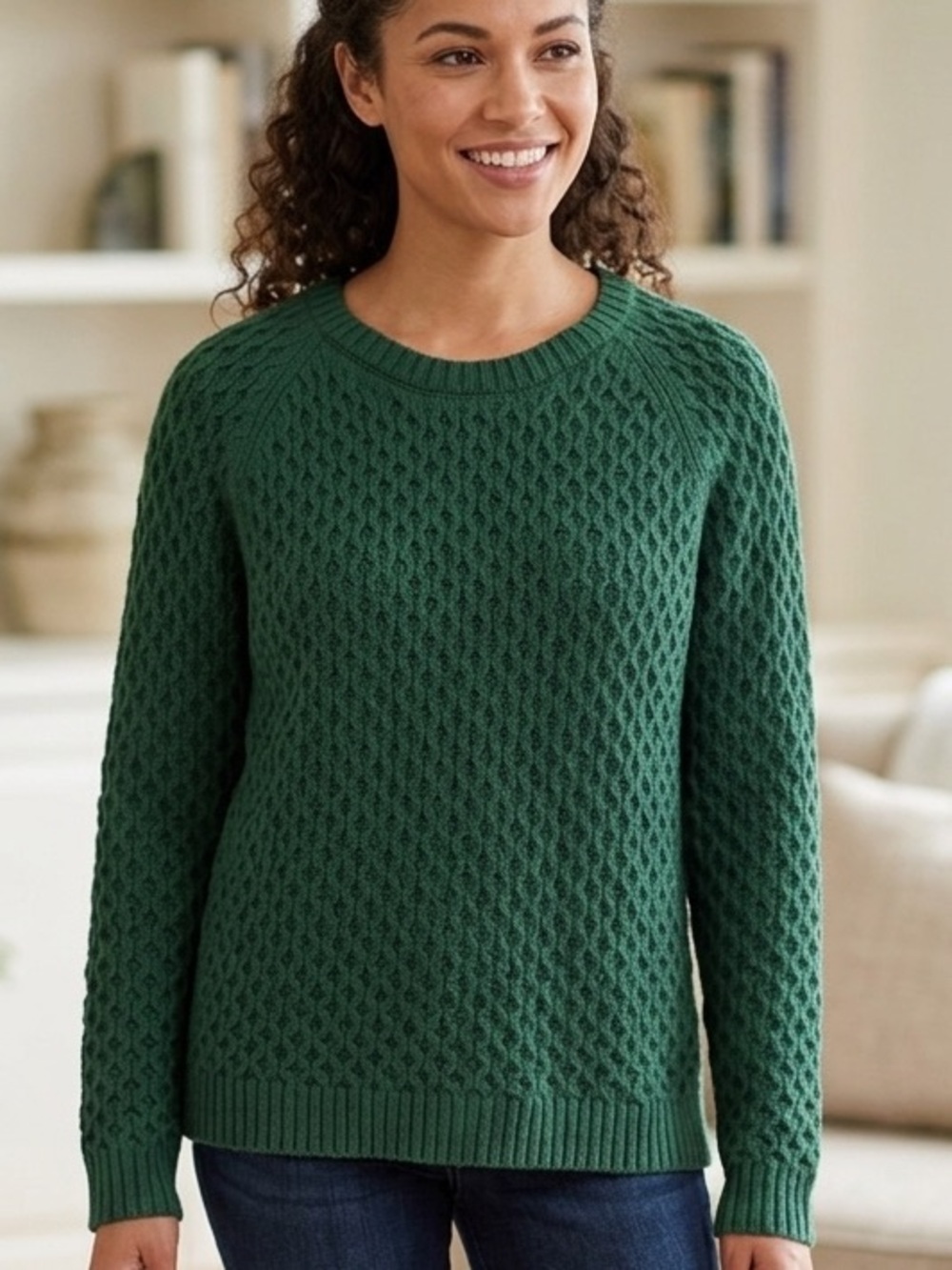 PERUVIAN CONNECTION Sussex Pullover Green Cable-Knit Sweater